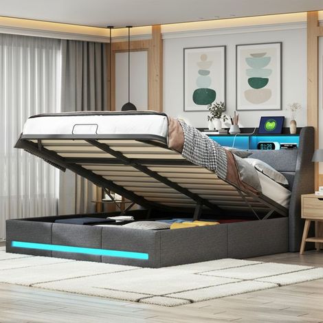 Bett mit Stauraum - 19HGY - 160x200 cm - Graues Leinengewebe - RGB-LED und USB-Ladeanschluss