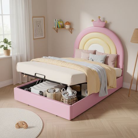 Lit rembourré, sans matelas, 90x200 cm, avec coffre hydraulique, tête réglable et PU (1/5)