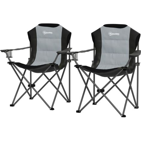 Lot de 2 chaises pliantes camping rembourrées dossier haut porte-gobelet 120kg gris foncé