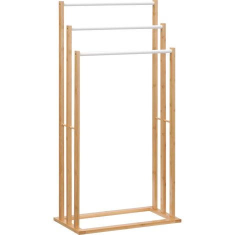 Porte-serviettes sur pied à 3 barres en bambou naturel, 48 x 25,8 x 94 cm, idéal pour les salles de bains et les espaces bien-être.