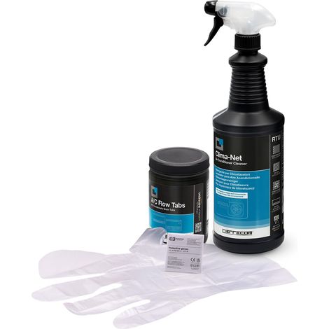 ERRECOM Kit pulizia climatizzatori, include Clima-Net 1L detergente pulizia unità interna e filtri e A/C Tabs 40 pastiglie per climatizzatore ad azione prolungata, guanti inclusi (1/5)