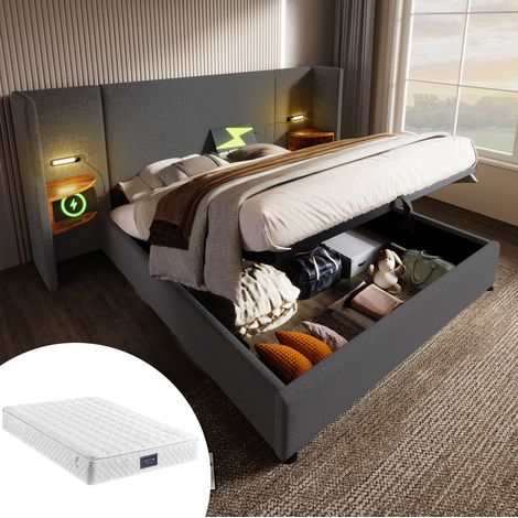 Letto matrimoniale imbottito 160x200 cm con contenitore idraulico, testiera con mensola, lampada lettura USB/Type-C, grigio (1/5)