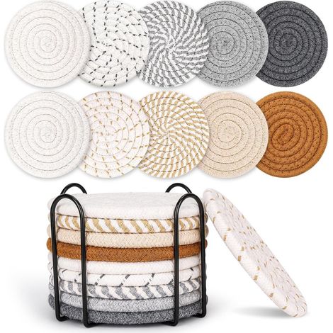 Lot de 10 sous-verres ronds avec support - Sous-verres isolants thermiques en coton tressé antidérapant - Pour verres - Convient aux boissons, bars, tasses et tables - Kaki/Blanc