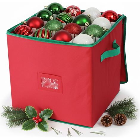 Relaxdays Weihnachtskugel Aufbewahrungsbox, 64 Kugeln, HxBxT: 33 x 33 x 33 cm, Polyester, Pappe, Kugelkiste, rot/grün