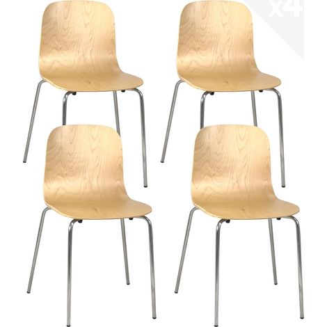 Ensemble de 4 chaises de cuisine au design rétro de cafétéria, assise vintage, pieds chromés plaqués en bois de bouleau (bois clair) (1/5)