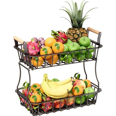 Corbeille a fruits en metal a 2 niveaux avec poignees en bois