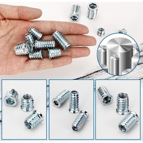 Aougo – Kit di 130 inserti filettati in acciaio zincato M6/M8/M10 – Resistenti all'usura e alla ruggine – Per mobili in legno e giunzioni solide (1/4)