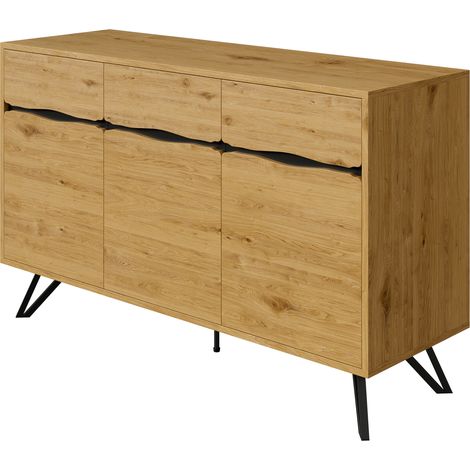 Buffet 3 portes aspect bois avec pieds en métal – design moderne, grand espace de rangement, stable et facile à entretenir – pour salon, salle à manger et couloir (1/5)