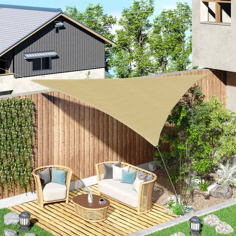 Wasserdichte dreieckige Sonnenmarkise aus HDPE und Metall, 3x3x3 m, Messingfarbe