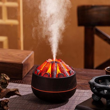 Großvolumiger Luftbefeuchter, Design mit simulierter Holzkohlefeueroptik, USB-Tischluftbefeuchter (dunkle Holzmaserung). (1/3)