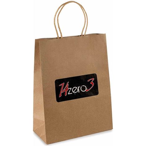Busta / sacchetto regalo M in carta kraft naturale riciclata con manici e logo 14zero3, set da 150 pezzi, cm 22 x 10 x 29 H