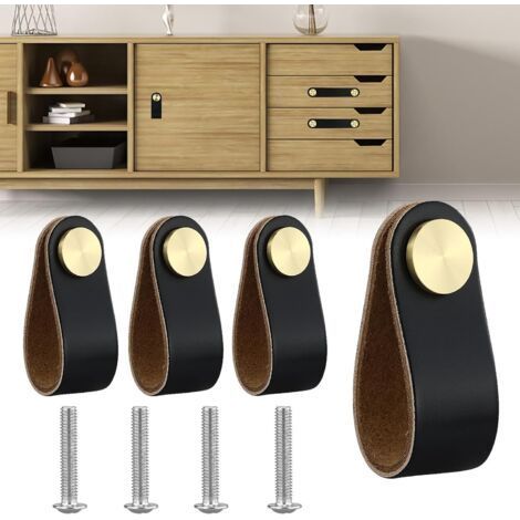 4pcs Poignée Meuble Cuir, Bouton Porte Placard Poignee Cuir Bouton de Tiroir, Poignee de Meuble Vintage pour Armoires, Commode, Cuisine, Salle de Bain (Noir, Monotrou)-Muntra (1/5)