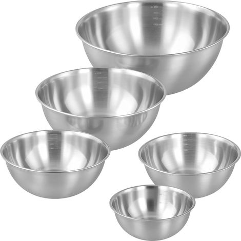 Saladier Cul de Poule Inox - Lot de 5 Bols Mélangeurs en Acier Inoxydable (17-28cm) avec Capacités 800ml à 4000ml - Empilable avec Marques de Mesure - Pour Cuisine, Pâtisserie, Préparation (1/5)