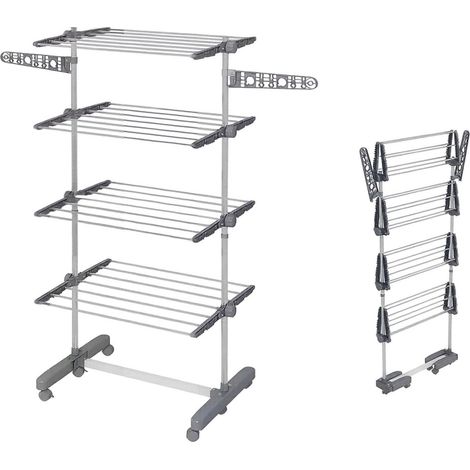 Tendedero plegable con estantes ajustables y ganchos laterales, acero inoxidable y ABS, gris, HOMVRA (1/4)