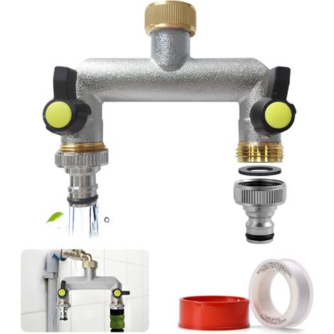 Distributeur d'Eau à 2 Voies pour Robinet - Adaptateur 3/4" 1/2" Double Raccord de Jardin avec Robinet à Boisseau Sphérique pour Régler et Fermer (1/4)