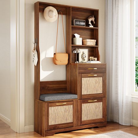 Armoire d'entrée avec banc intégré, meuble à chaussures en rotin, patères murales, tiroirs de rangement, coffre de couloir, mobilier d'entrée pratique (1/5)