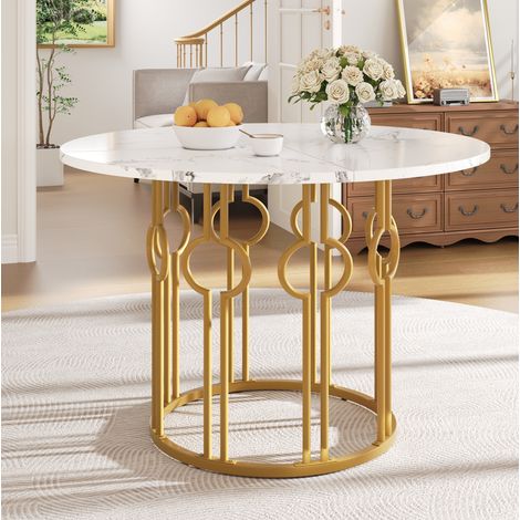 Mesa de comedor redonda 100x100x76 cm blanco y dorado en MDF y metal con patas regulables (1/5)