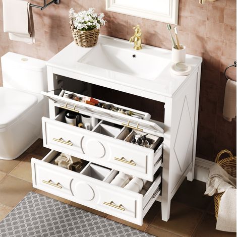 Mobile lavabo bagno bianco 81x46,5 cm con lavabo in ceramica, 3 cassetti, MDF (1/5)