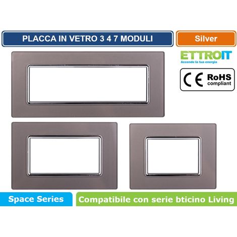 Ettroit placca compatibile Bticino Livinglight 4 moduli vetro colore argento - LN84406 (1/4)