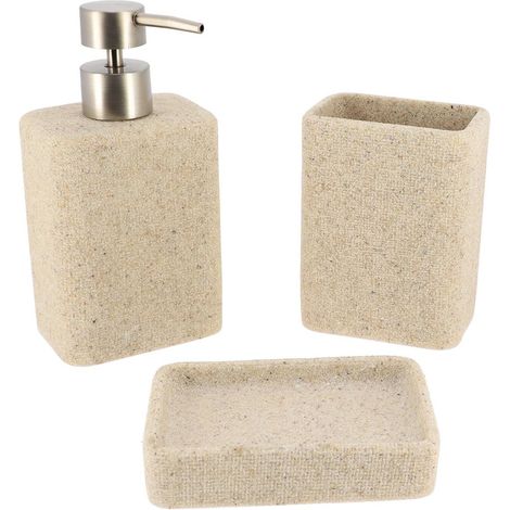 Set gobelet distributeur a savon et porte savon polyresine rectangulaire effet sable - naturel - Tendance (1/2)