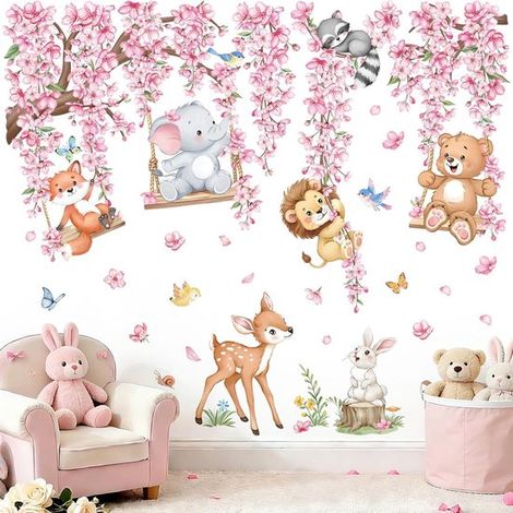 Stickers muraux - 40 x 80 cm - Motifs animaux et balançoire - Motifs floraux - Éléphant - Stickers muraux repositionnables - Lot de deux (1/5)