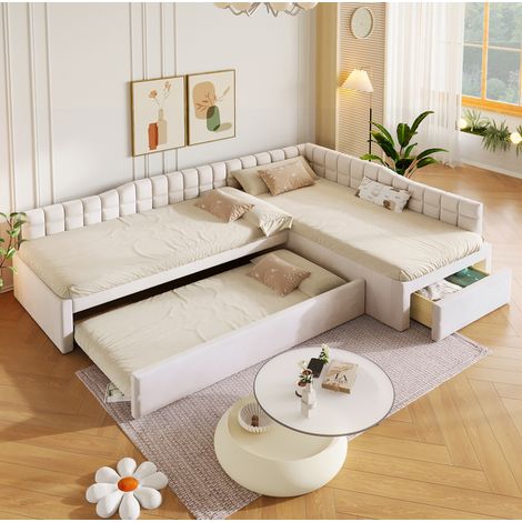 Lit gigogne 90x200 cm, avec tiroirs et design en L, en velours, beige (1/5)