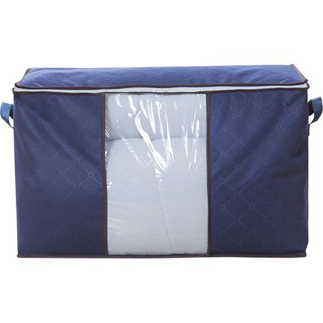 Sac de rangement pour couette avec fermeture éclair, en tissu non tissé épais, pour le rangement des vêtements et autres articles ménagers, format horizontal, bleu marine. (1/5)