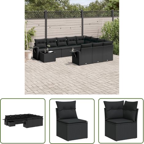 The Living Store 11-tlg. Garten-Sofagarnitur mit Kissen Schwarz Poly Rattan - Gartenmöbel - Esszimmergarnitur - Rattan Möbel - Outdoor Möbel - Lounge Set (1/5)