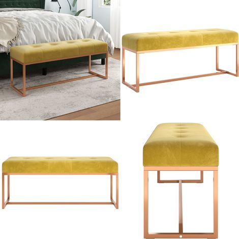 Banc Jaune moutarde 110x36x45 cm Velours - Banc Coffre - Banc Rangement - Banc Design - Meuble Salon - Chaise D'appoint - Home & Living (1/5)