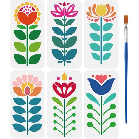 6Pcs Pochoir à Longues Bandes de Fleurs D'Art Populaire Avec Pinceau 30x15cm Réutilisable Motif D'Art Populaire pour Peinture sur Mur Bois Tissu Meubles Décoration D'Intérieur (1/5)
