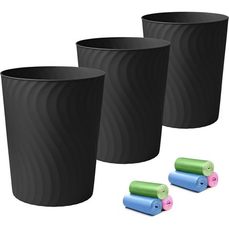 Corbeille à Papier 7 L – Lot de 3 Poubelles en Plastique avec 6 Rouleaux de Sacs Poubelle - pour Bureau, Salle de Bain, Cuisine ou Chambre – Format Compact 24,9 x 20 x 16,5 cm Noir