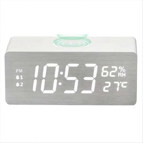 Thermomètre et hygromètre multifonctionnels en bois, charge rapide 15 W, chargement sans fil et calendrier LED (CloWhite) (1/5)