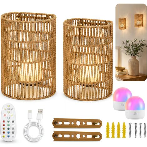 2 Appliques murales Boho en rotin, avec Batterie, télécommande RVB, intensité réglable, Lampe de Chevet Vintage Lanterne Bambou, sans raccordement, pour Chambre, Salon, escalier, Couloir (1/5)