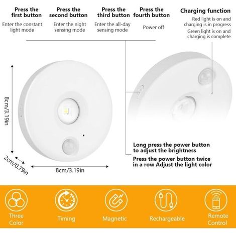Veilleuses avec Détecteur de Mouvement, Lot de 3 Veilleuse LED Rechargeable 3 Modes Eclairage, Lampe Détecteur de Mouvement Interieur, Télécommande, pour Armoire, Escaliers, Placard, Cuisine (1/4)