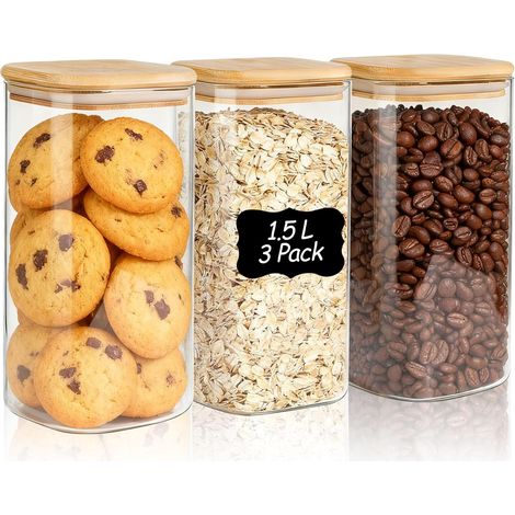 Lot de 3 bocaux verre hermétiques 1,5 L couvercle bambou, rangement cuisine transparent, céréales pâtes (1/5)