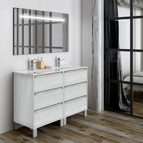 Meuble de salle de bain double vasque - 6 tiroirs - hibernian (bois blanchi) - TIRIS 3C et miroir Led STAM - 120cm (1/4)