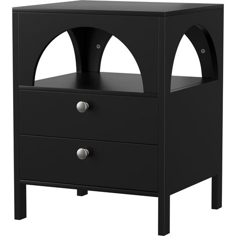 Mesita de noche moderna negra de MDF con 2 cajones y 1 hueco abierto 45 x 40 x 58 cm (1/5)
