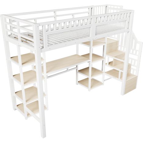 Hochbett 90 x 200 cm aus Metall und MDF, Weiß, mit Schreibtisch, Stauraum, LED und USB (1/5)