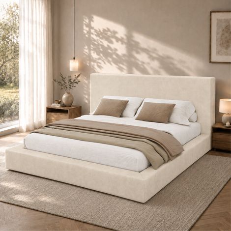 Cama doble tapizada 160x200 cm con somier, cabecero de chenilla beige OKMYHOME (1/5)