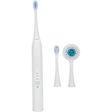 Brosse à dents électrique rechargeable blanche, 4 modes de nettoyage, tête de brossage pour visage incluse, hygiène dentaire et soin du visage, blancheur et fraîcheur buccale. (1/5)