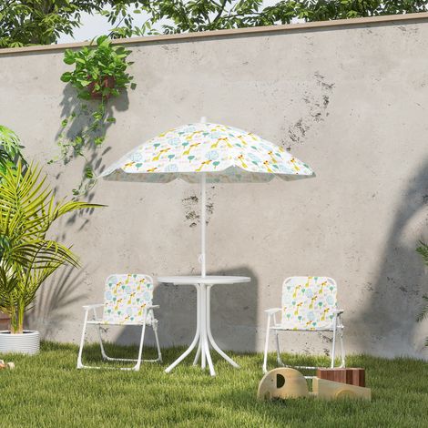 Set di mobili da giardino per bambini composto da 4 pezzi, con design a elefante e giraffa, ombrellone regolabile Ø 100 cm e sedia pieghevole.