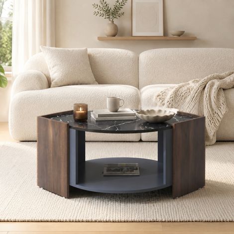 Mesa de centro negra efecto mármol y nogal, 96,5 x 63 x 40 cm, con almacenaje abierto HAVRYA (1/5)