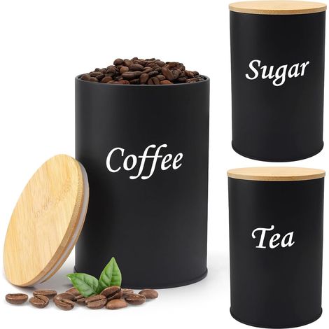 Luftdichte Kaffeedose 500 g, 3er-Pack Kaffeebohnenbehälter 500 ml, luftdichter Kaffeebohnenbehälter, Kaffeedose mit mattschwarzem Holzdeckel (Schwarz, 3er-Pack)