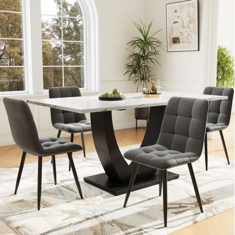 FLORAGRACE Ensemble table à manger 5 pièces en MDF blanc, avec 4 chaises en velours gris, plateau effet marbre blanc, pieds noirs en U (1/5)
