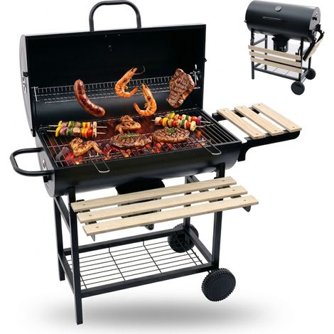 Relaxdays Holzkohlegrill Grillwagen, Deckel & Thermometer, mobiler BBQ-Grill, Gartengrill XXL mit Ablagen, schwarz/natur