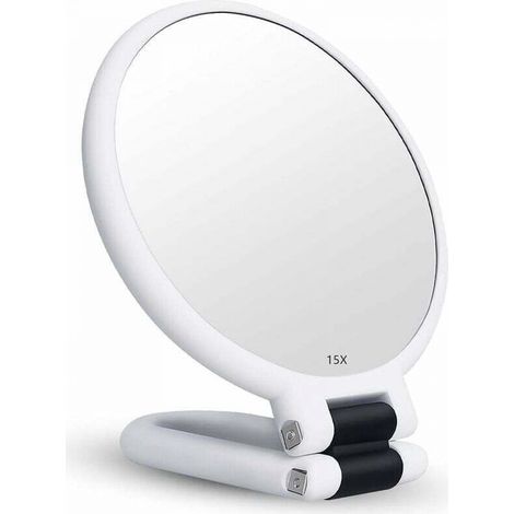 Miroir Grossissant x15 Double Face Miroir Pliable avec Poignée, Miroir de Maquillage à Main Miroir à Palette de Coiffeurs Miroir Pliant Utilisé pour Divers Détails de Maquillage (blanc) (1/5)