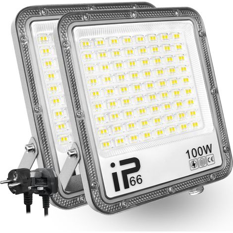 Lumière LED Extérieur 100W, 1000LM, Blanc Froid 6500K, Projecteur LED Sécurité IP65 Étanche, Lumière de Travail LED pour Porte d'Entrée, Entrepôt, Parking, Cour, Rue avec Prise (2 Pièce) (1/5)