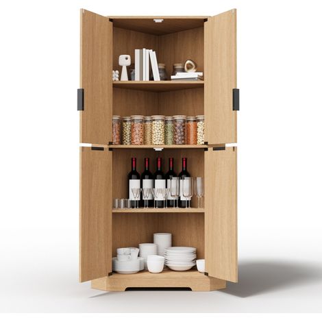 Armoire d'angle 4 portes avec étagères réglables, meuble de rangement 60x60x172 cm, buffet d'angle pour cuisine et salon, naturel (1/5)