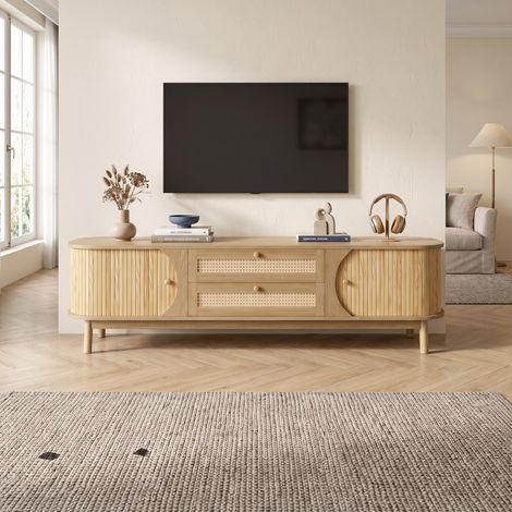 Meuble TV 170cm avec Tiroirs et Portes Coulissantes en Rotin, Bois Massif, Style Campagne Rustique, Naturel (1/5)