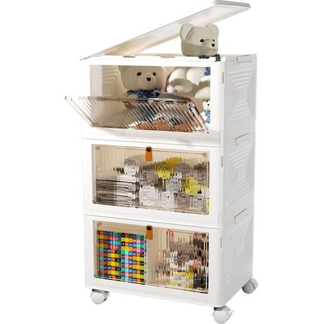 Foldable Storage Box with 3 Levels Plastic Storage Organizer with Lid and 4 Wheels Stackable Storage Bins for Clothing, Toys, Books, Kitchen, Bedroom (1/5)